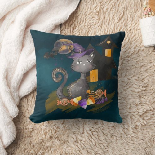Watercolor Black Cat with candies Halloween Throw Pillow