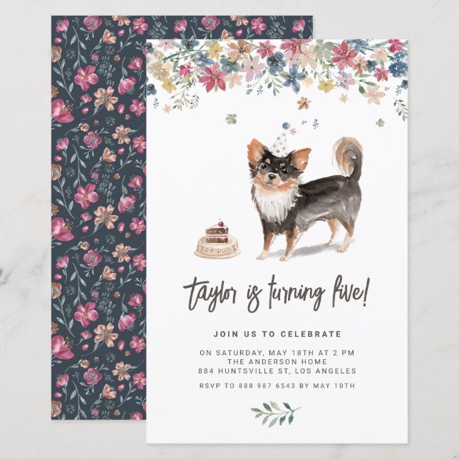 Watercolor Black Chihuahua Dog Birthday Invitation (Front/Back)