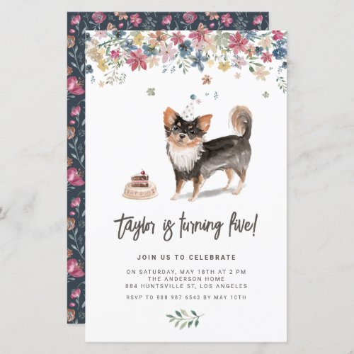 Watercolor Black Chihuahua Dog Birthday Invitation