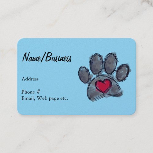 Watercolor Black Dog Paw Print Red Heart Blue Business Card