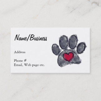 Watercolor Black Dog Paw Print Red Heart Custom Business Card