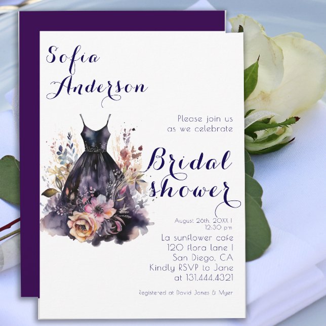 Watercolor black dress purple bridal shower invitation (Creator Uploaded)