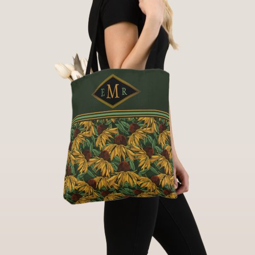 Watercolor Black Eyed Susans Floral Monogram Tote Bag
