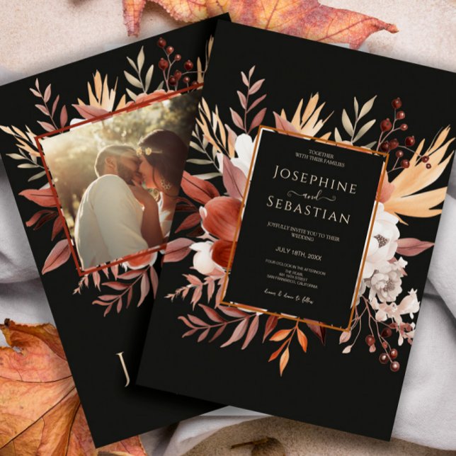 Watercolor Black Fall Floral Photo Wedding  Invitation (Creator Uploaded)