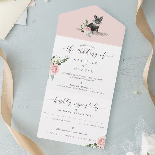 Watercolor Black French Bulldog Dog  Floral Roses All In One Invitation