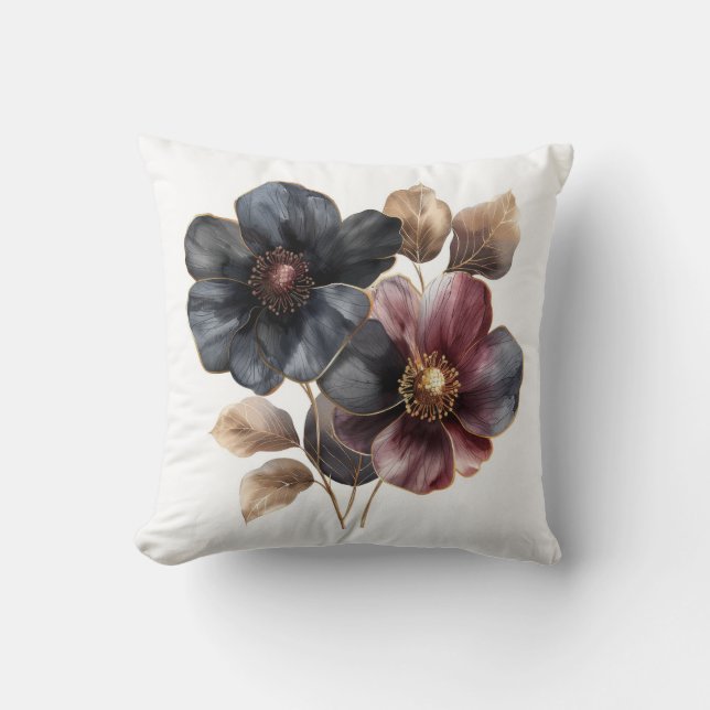 Watercolor black gold and burgundy flowers throw pillow (Front)