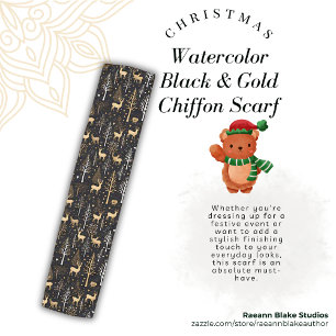 Watercolor Black & Gold Christmas Chiffon Scarf