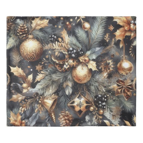 Watercolor Black Gold Christmas Motifs Holiday Duvet Cover