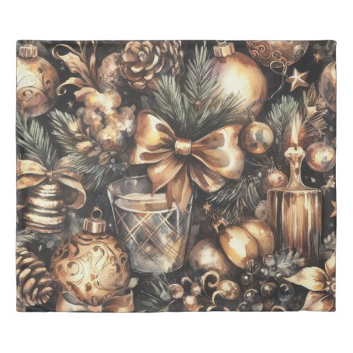 Watercolor Black Gold Christmas Motifs Holiday Duvet Cover