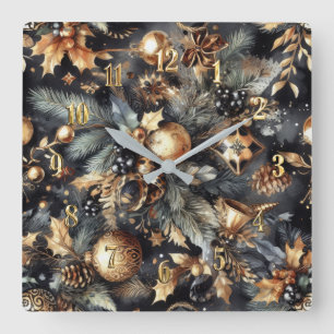 Watercolor Black Gold Christmas Motifs Holiday Square Wall Clock