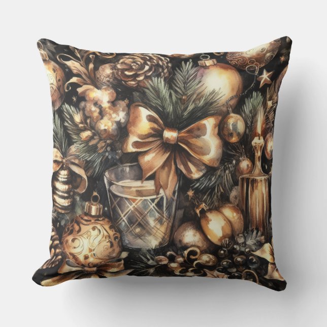 Watercolor Black Gold Christmas Motifs Holiday Throw Pillow (Front)