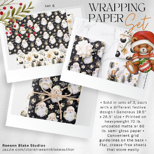Watercolor Black & Gold Christmas Set 6 Wrapping Paper Sheets