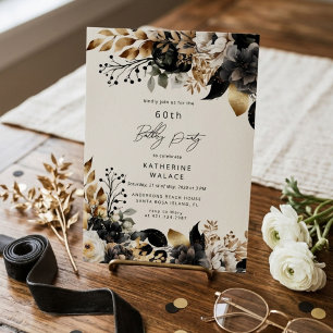 Watercolor Black Gold Floral 60th Birthday Invitation