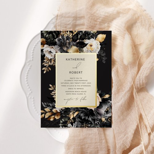 Watercolor Black Gold Floral Wedding Foil Invitation