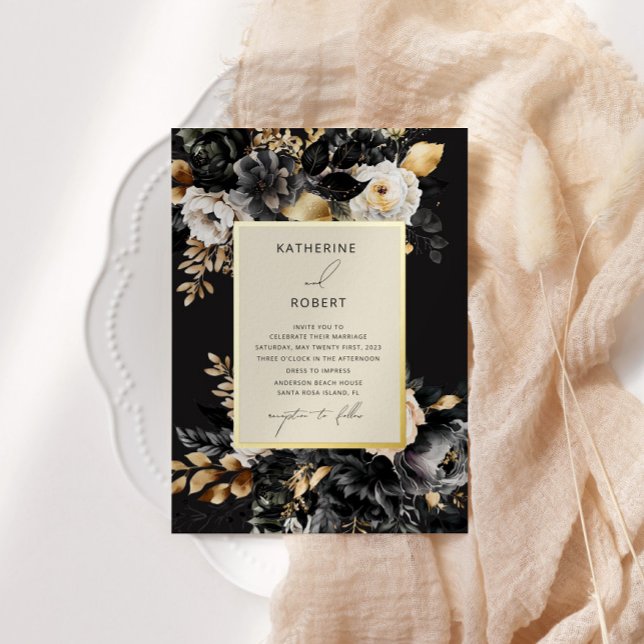Watercolor Black Gold Floral Wedding Foil Invitation (Creator Uploaded)