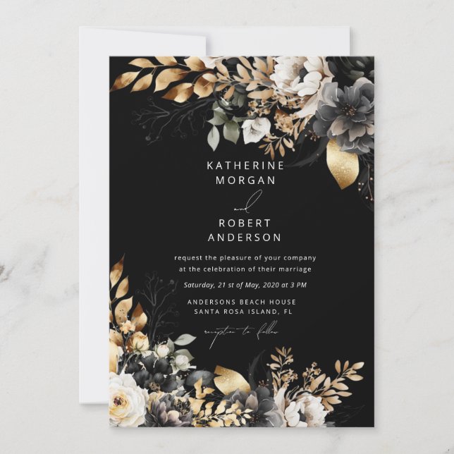 Watercolor Black Gold Floral Wedding Invitation (Front)
