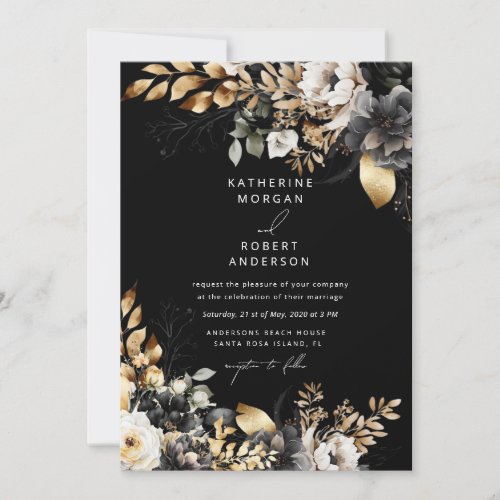 Watercolor Black Gold Floral Wedding Invitation