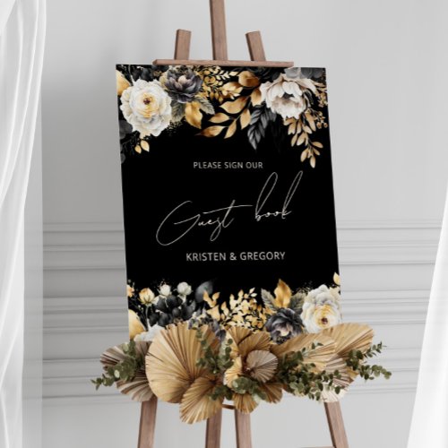 Watercolor Black Gold Floral Wedding Poster