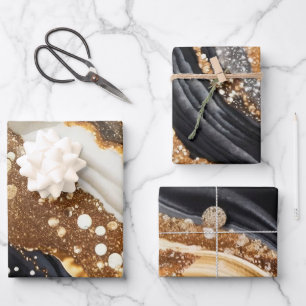 Watercolor Black & Gold Glitter Agate Alcohol Ink Wrapping Paper Sheets