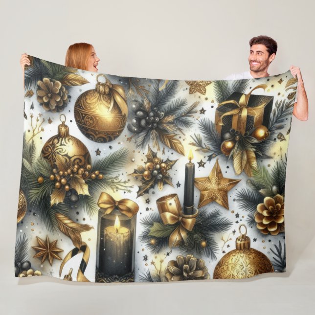 Watercolor Black Gold White Christmas Holiday Fleece Blanket (In Situ)