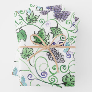 Watercolor Black Grape Vines and Butterflies Wrapping Paper Sheets