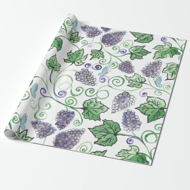 Watercolor Black Grape Vines  Wrapping Paper (Unrolled)