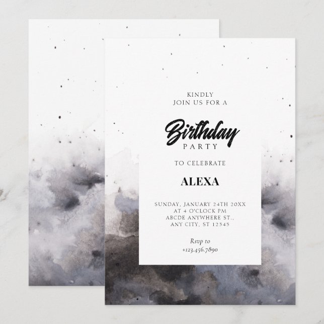 Watercolor Black gray fog birthday  Invitation (Front/Back)