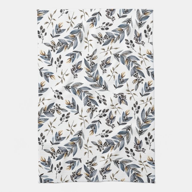Watercolor Black Gray Tan Leaves and Berries | Towel (Vertical)