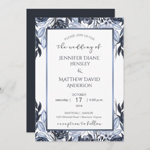 Watercolor Black Gray White Wildflowers Wedding  Invitation