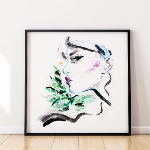 Watercolor Black Green Fashion Painting Floral Poster