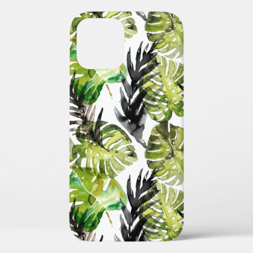 Watercolor Black Green Tropical Leaves Pattern iPhone 12 Case