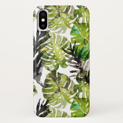 Watercolor Black Green Tropical Leaves Pattern iPhone X Case
