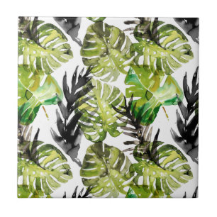 Watercolor Black Green Tropical Leaves Pattern Ceramic Tile