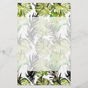 Watercolor Black Green Tropical Leaves Pattern Stationery