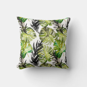 Watercolor Black Green Tropical Leaves Pattern Throw Pillow