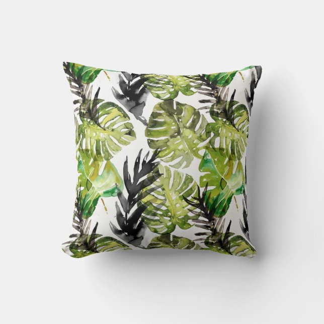 Watercolor Black Green Tropical Leaves Pattern Throw Pillow (Front)