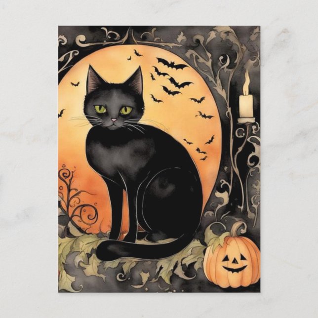 Watercolor Black Halloween Cat Postcard (Front)