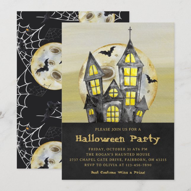 Watercolor Black Haunted House Halloween Party Invitation (Front/Back)