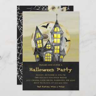 Watercolor Black Haunted House Halloween Party Invitation
