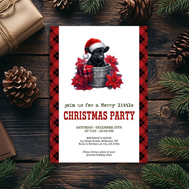Watercolor black highland cow in bucket Christmas Invitation (Watercolor black highland cow in bucket Christmas Invitation)
