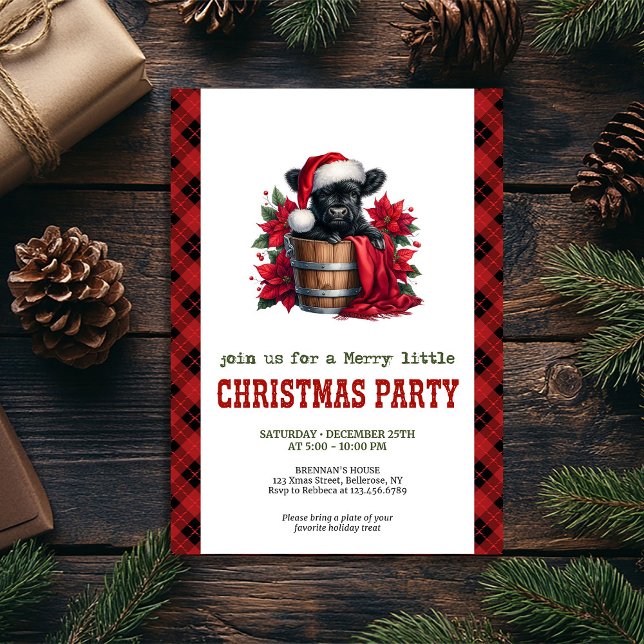Watercolor black highland cow red poinsettia Xmas Invitation (Watercolor black highland cow red poinsettia Xmas Invitation)