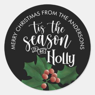 Watercolor Black Holly and Berries Christmas Gift Classic Round Sticker