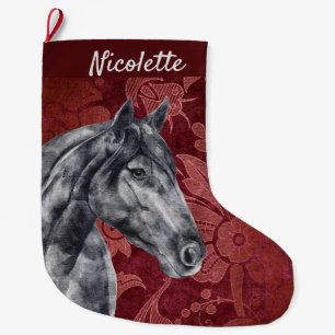 Watercolor Black Horse Personalized Large Christmas Stocking