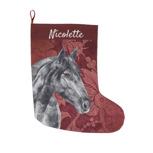 Watercolor Black Horse Personalized Large Christmas Stocking