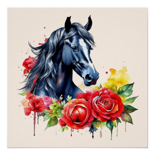 Watercolor Black Horse Red Roses Poster