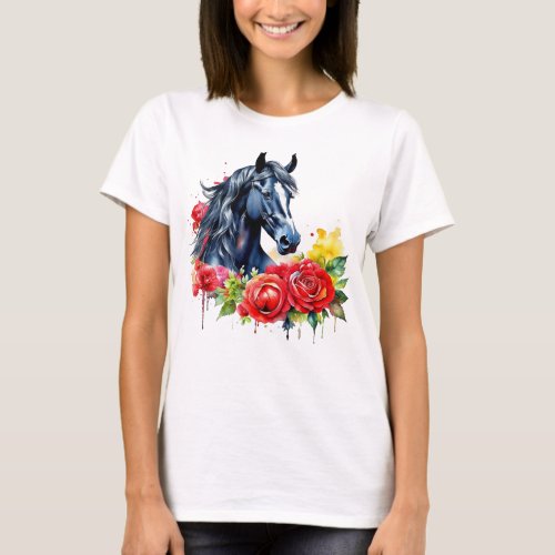 Watercolor Black Horse Red Roses T_Shirt