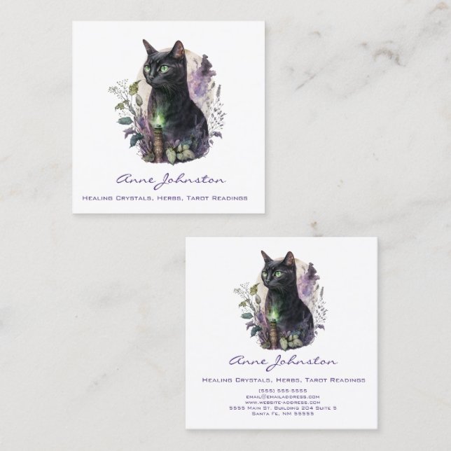 Watercolor Black Kitty Square Business Card (Front/Back)