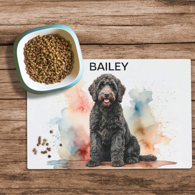 Watercolor Black Labradoodle Dog Food Mat (Creator Uploaded)