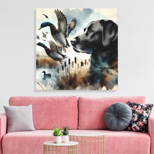 Watercolor Black Labrador And Ducks Canvas Print