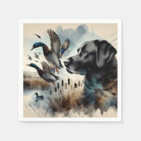 Watercolor Black Labrador And Ducks
